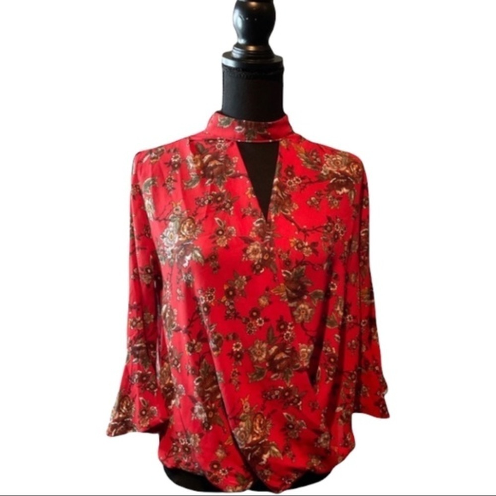 Monteau Los Angeles, Ladies Red High Neck Top with Flutter Sleeves. Size small.